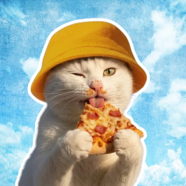 Pegatina de un gato con gorro amarillo comiendo pizza